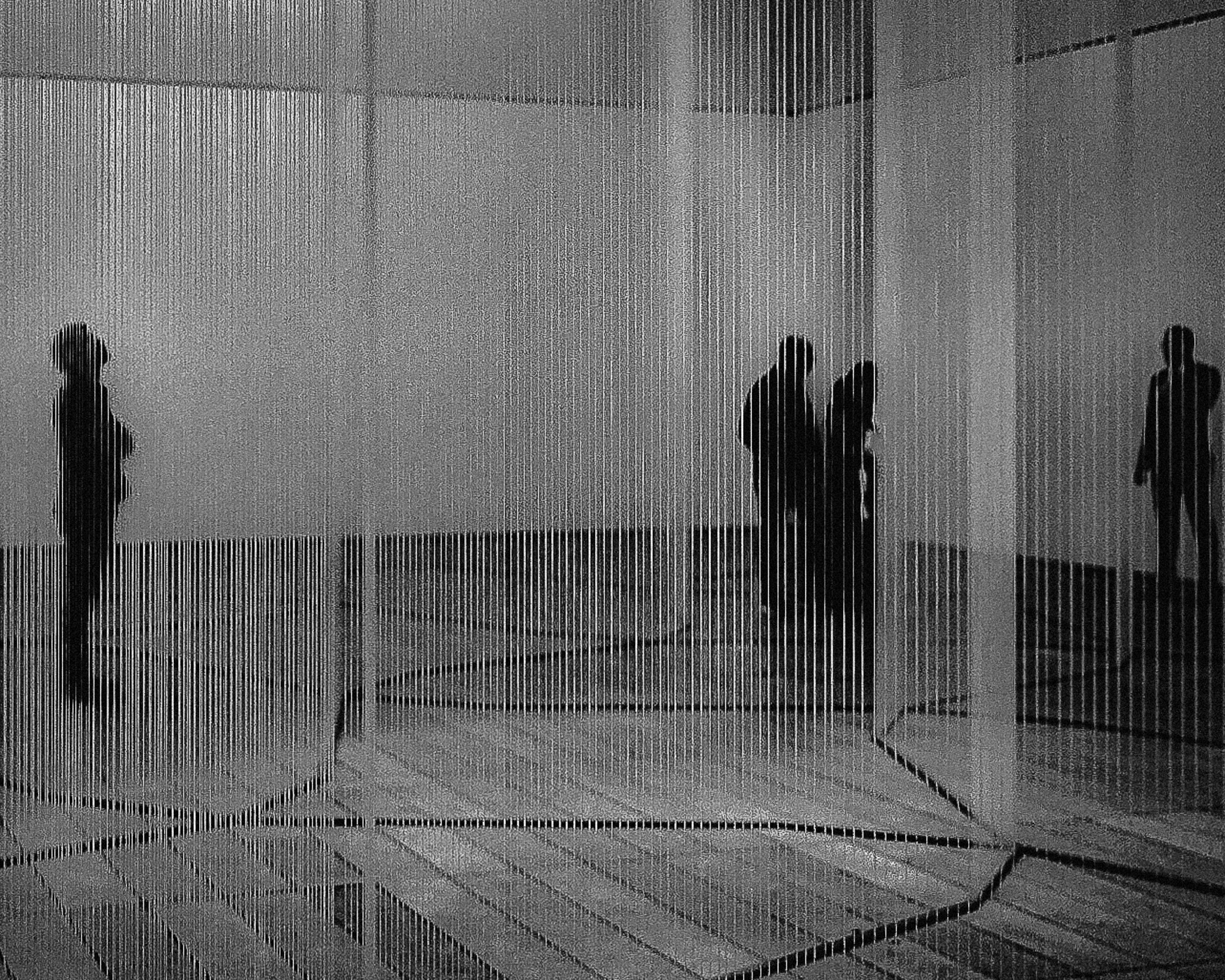 Human silhouettes seen through a translucent architectural screen